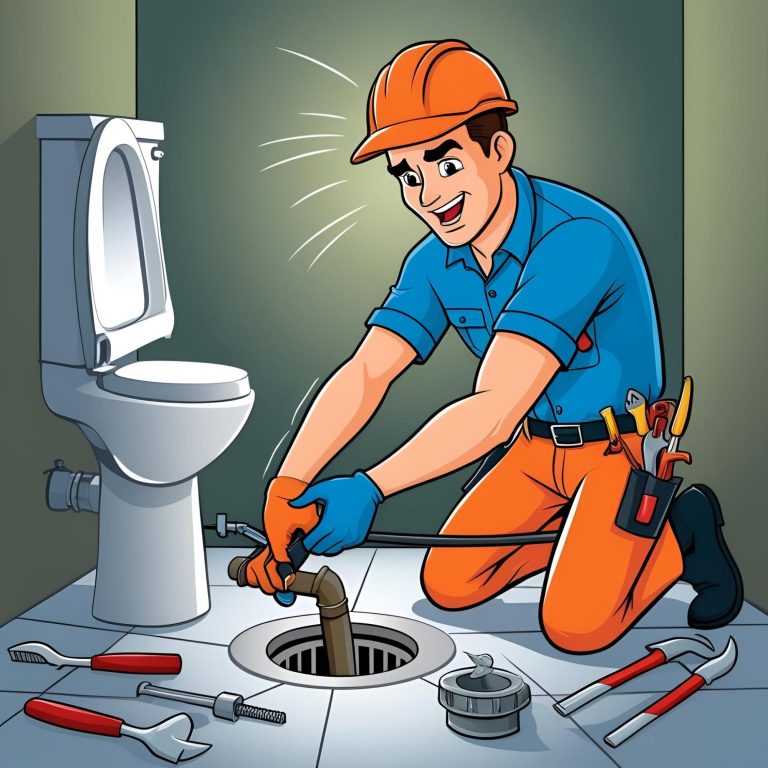 A plumber fixing a clogged drain next to a toilet, smiling and using tools.